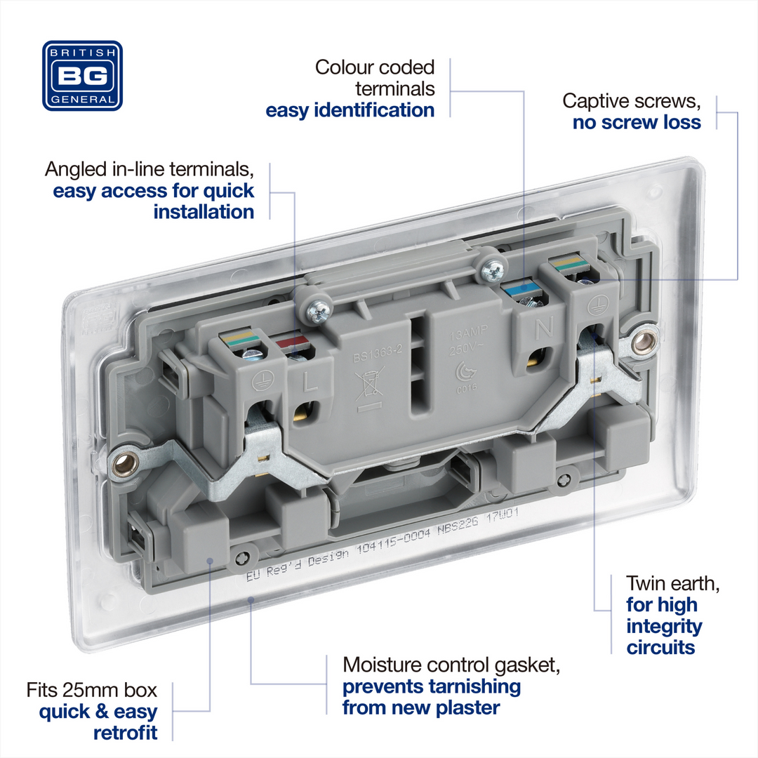 BG Electrical - NBS22G Double Pole, Double Plug Brushed Silver Light Switch