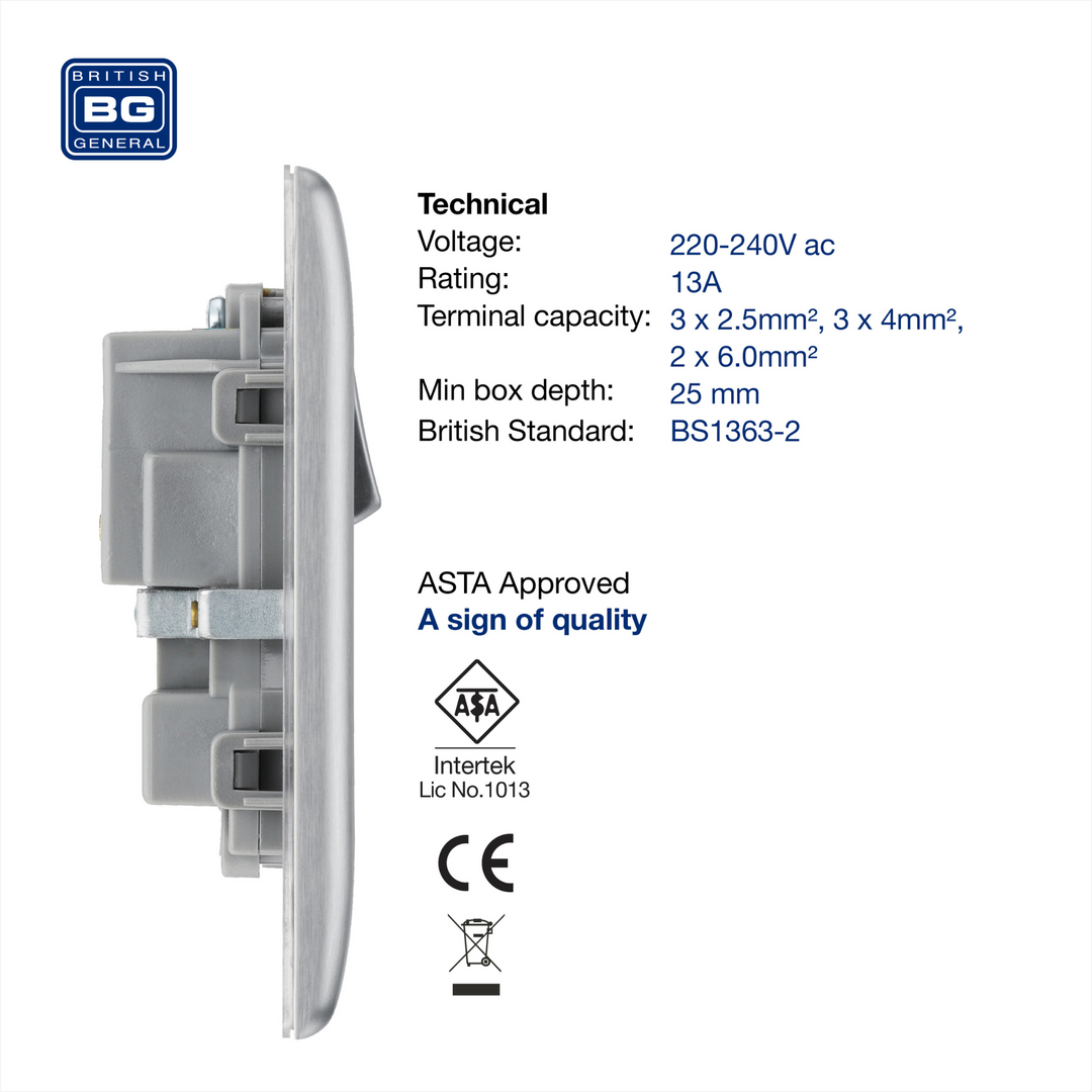 BG Electrical - NBS22G Double Pole, Double Plug Brushed Silver Light Switch