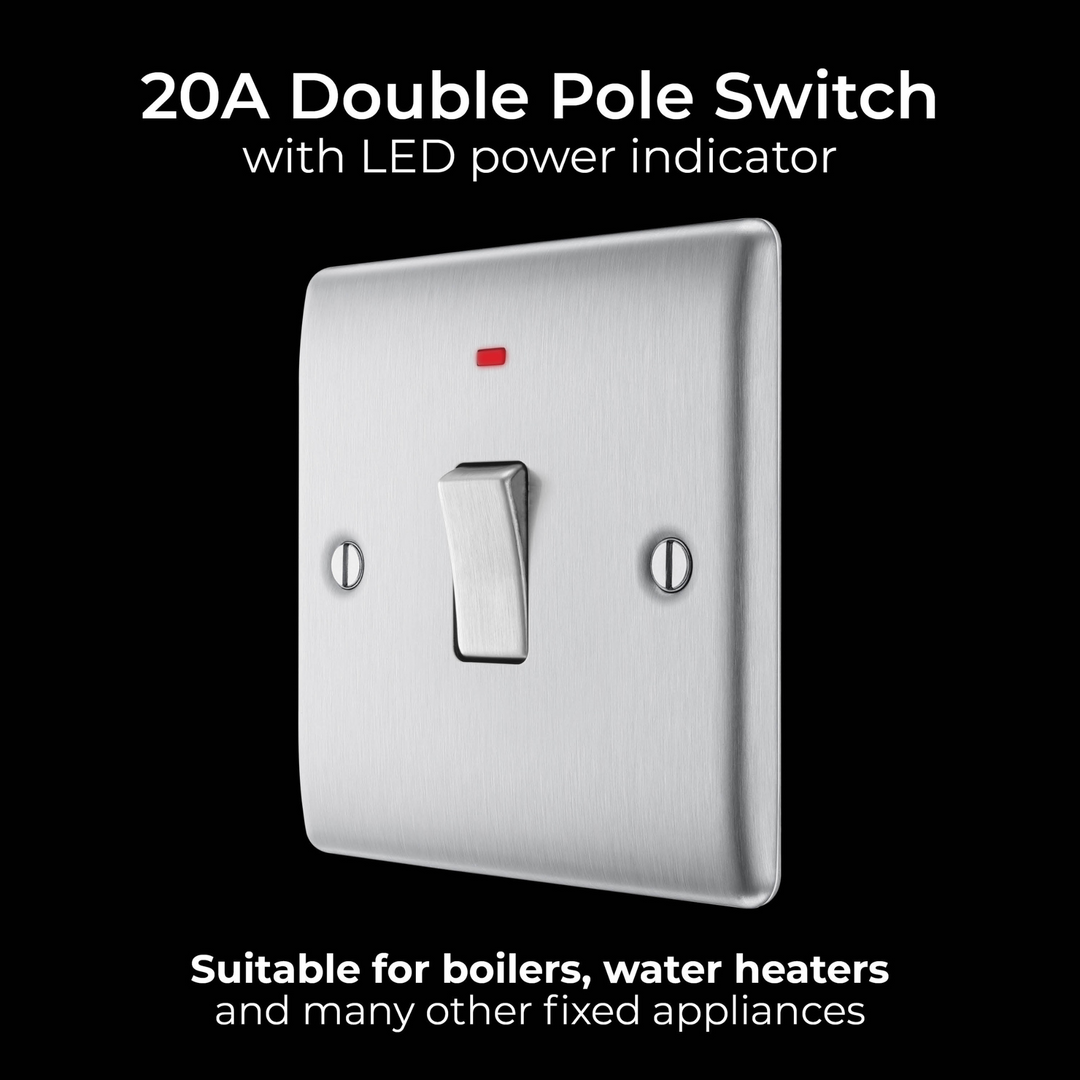 BG Electrical - Double Pole Brushed Steel Light Switch with Indicator 20A IP20