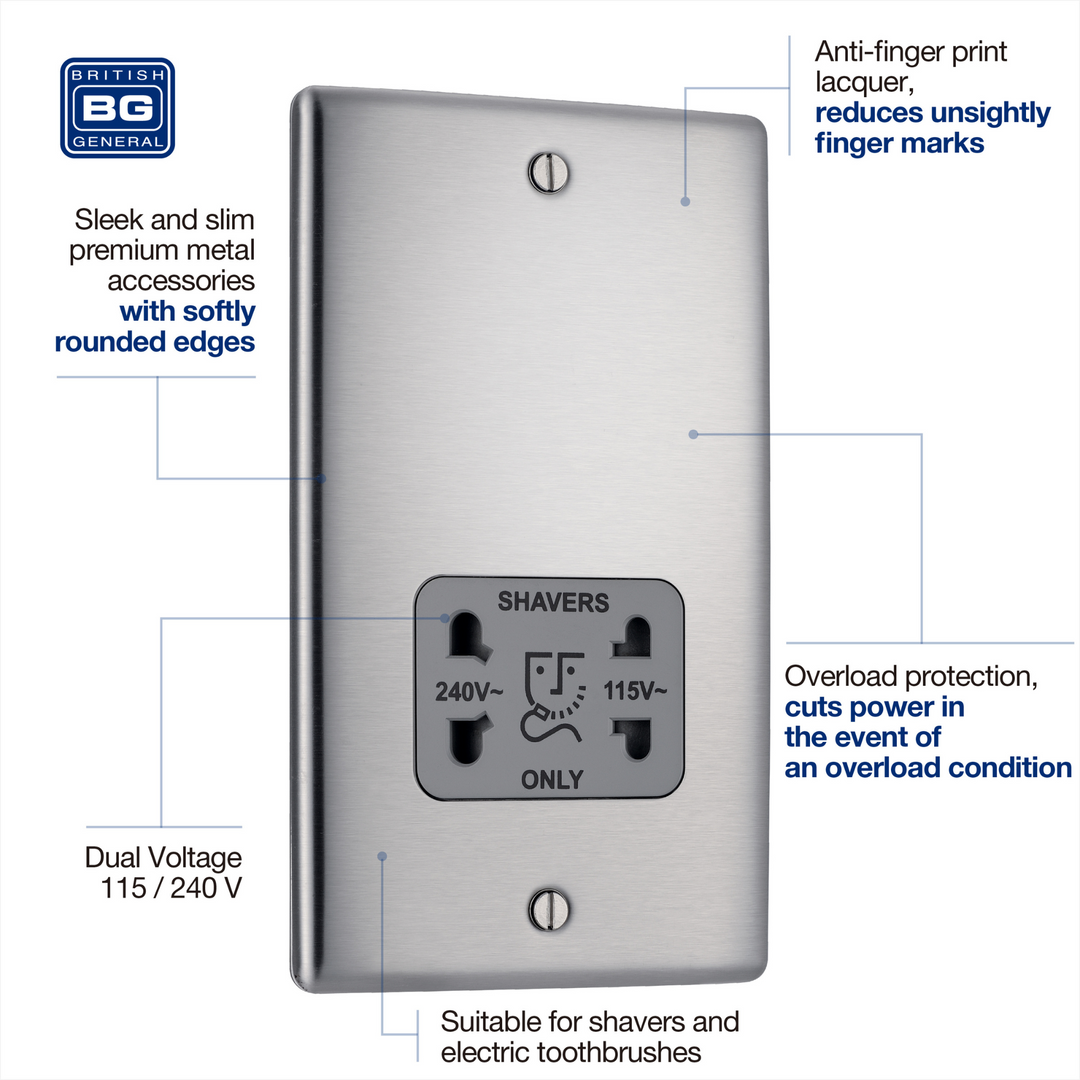 BG Electrical - Polished Brushed Chrome Shaver Socket 115 and 240 Volts