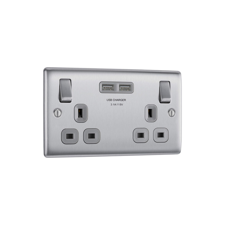 BG Electrical - Nexus Metal Brushed Steel Mains Plug with USB Socket