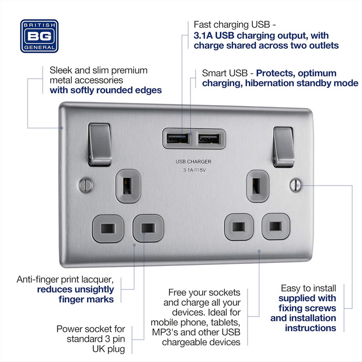 BG Electrical - Nexus Metal Brushed Steel Mains Plug with USB Socket