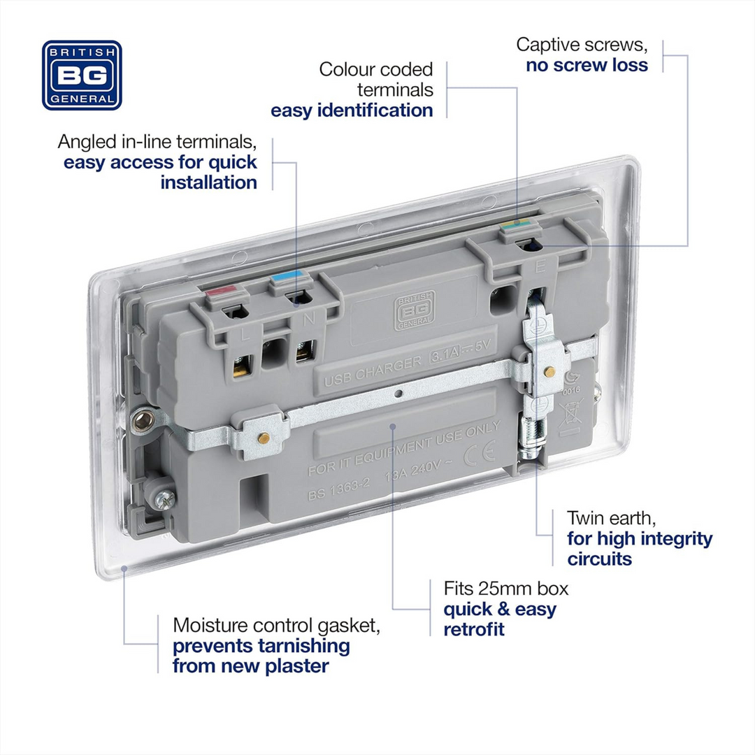 BG Electrical - Nexus Metal Brushed Steel Mains Plug with USB Socket