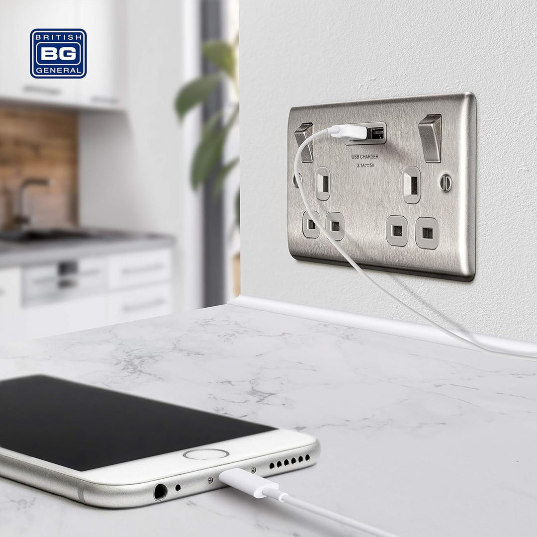 BG Electrical - Nexus Metal Brushed Steel Mains Plug with USB Socket