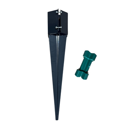 A Grey metal fence post spike support with a green driving tool.