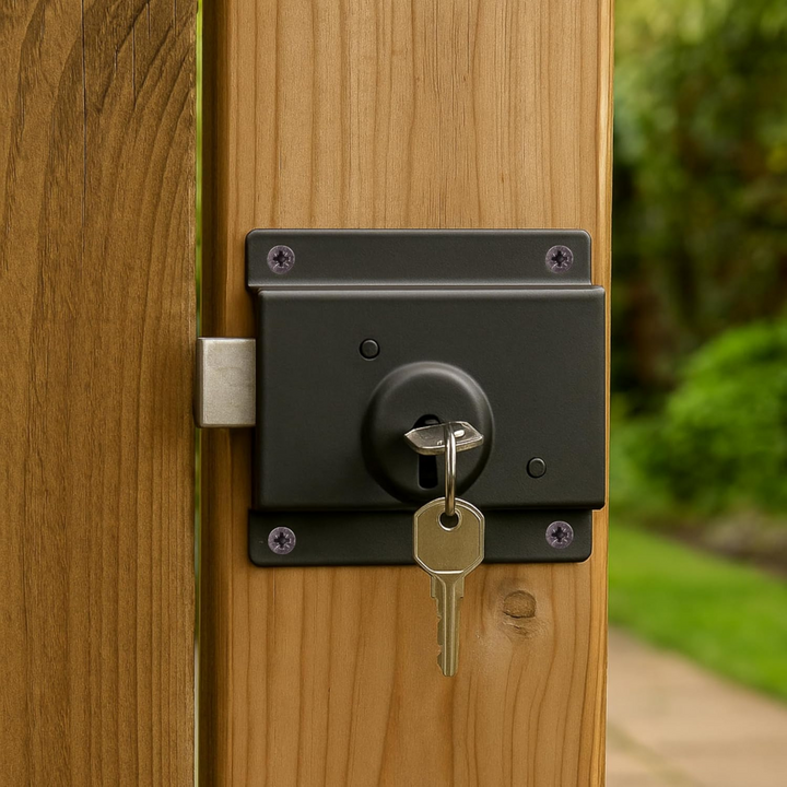 4" Garden Gate Lock with Key – Door Shed Lock, Surface Mount Security Press Rim Lock Bolt for Greenhouse & Yard Gate