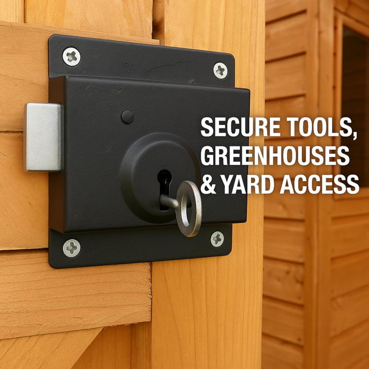 4" Garden Gate Lock with Key – Door Shed Lock, Surface Mount Security Press Rim Lock Bolt for Greenhouse & Yard Gate