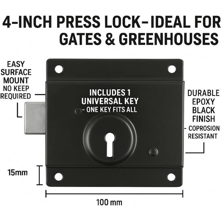 4" Garden Gate Lock with Key – Door Shed Lock, Surface Mount Security Press Rim Lock Bolt for Greenhouse & Yard Gate