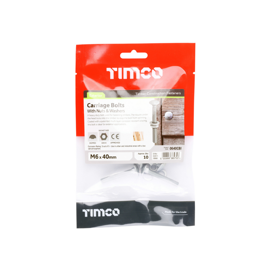 Domed Head Coach Bolt Set - Screws with Washer & Hex Nut Fastener Timco - Available in Sizes