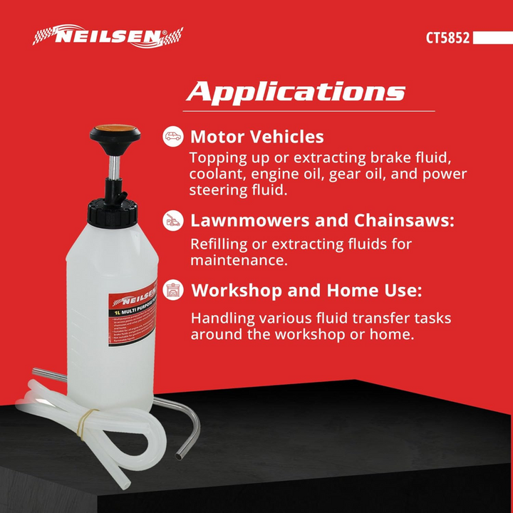 Neilsen Tools – 1L Manual Transmission Fluid | Multi-Purpose Hand Pump for Oil, Brake Fluid, Gearbox, Power Steering & Coolant