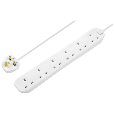Masterplug White Extension Lead 3m – Six Gang Power Strip Cord Extension | Power Socket Extension for Home & Office