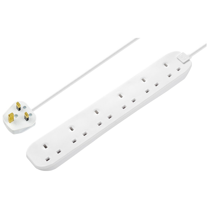 Masterplug White Extension Lead 3m – Six Gang Power Strip Cord Extension | Power Socket Extension for Home & Office