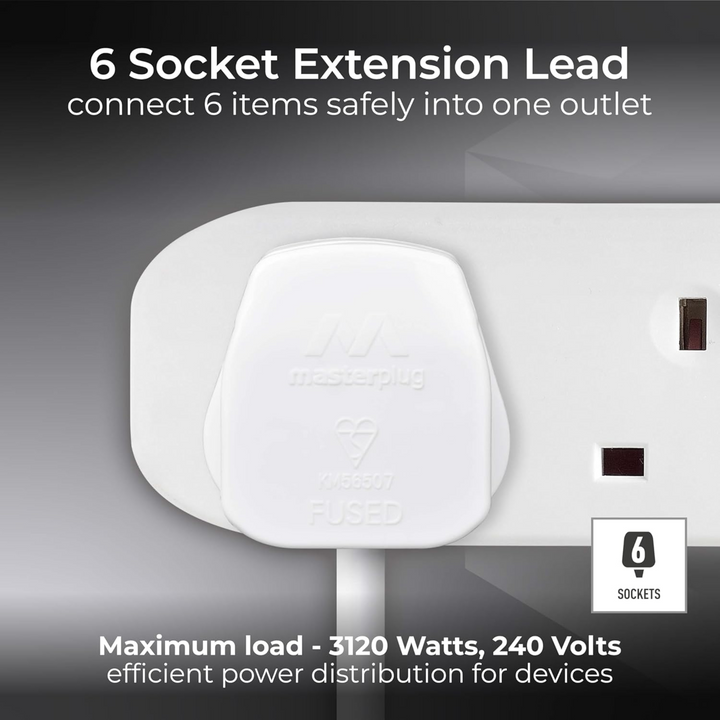 Masterplug White Extension Lead 3m – Six Gang Power Strip Cord Extension | Power Socket Extension for Home & Office