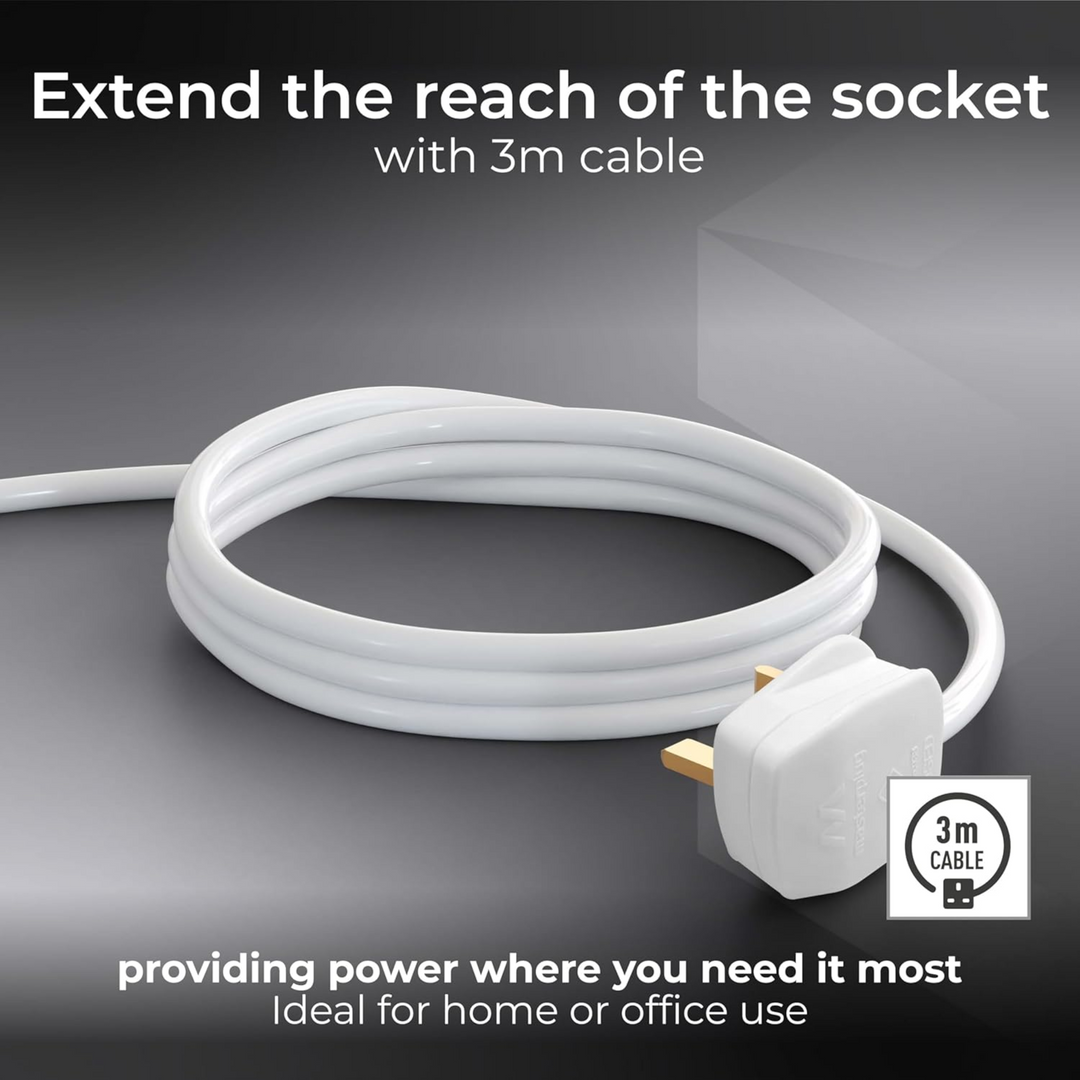 Masterplug White Extension Lead 3m – Six Gang Power Strip Cord Extension | Power Socket Extension for Home & Office