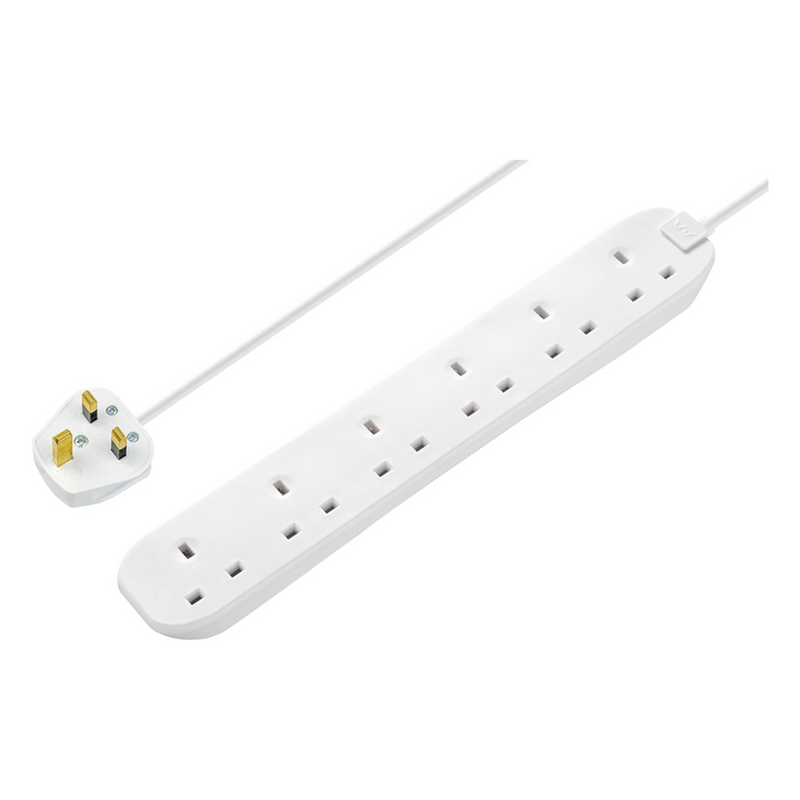 Masterplug 6-Gang Extension Lead - 3m White Surge Bar Trailing Socket Plug Extension Cable (BSG3N-MP)
