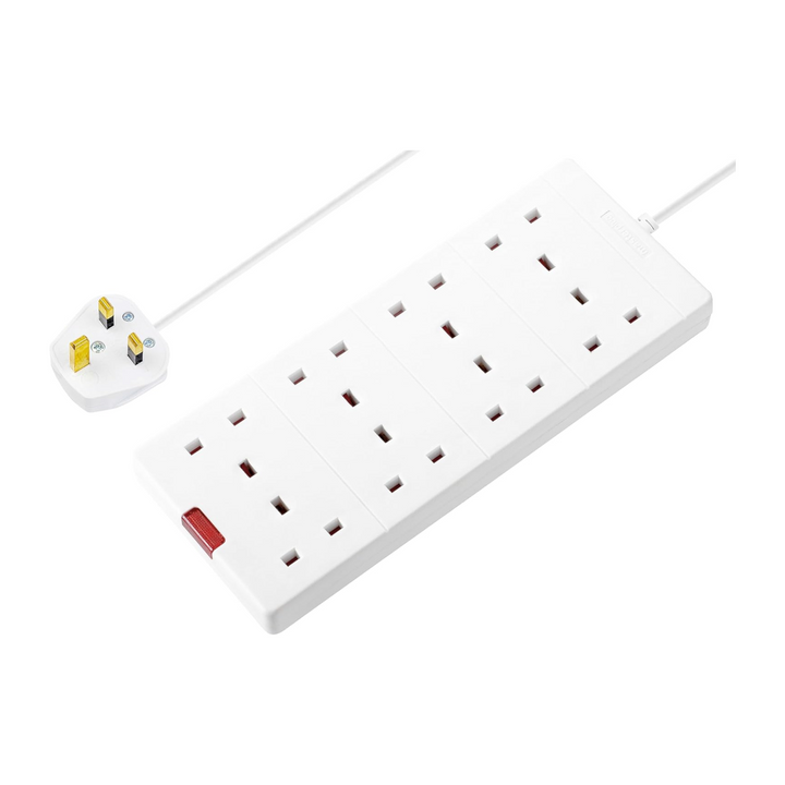 Masterplug 8-Gang Extension Lead - 2m White Surge Bar Trailing Socket Plug Extension Cable with Power Indicator (BEN210-MP)