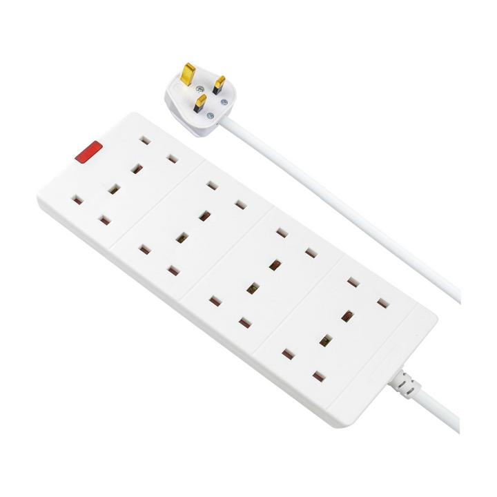 Masterplug 8-Gang Extension Lead - 2m White Surge Bar Trailing Socket Plug Extension Cable with Power Indicator (BEN210-MP)