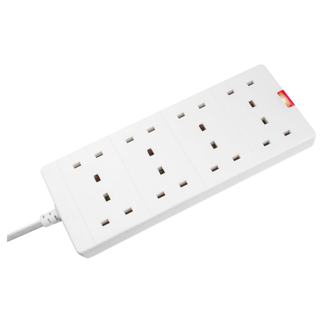 Masterplug 8-Gang Extension Lead - 2m White Surge Bar Trailing Socket Plug Extension Cable with Power Indicator (BEN210-MP)