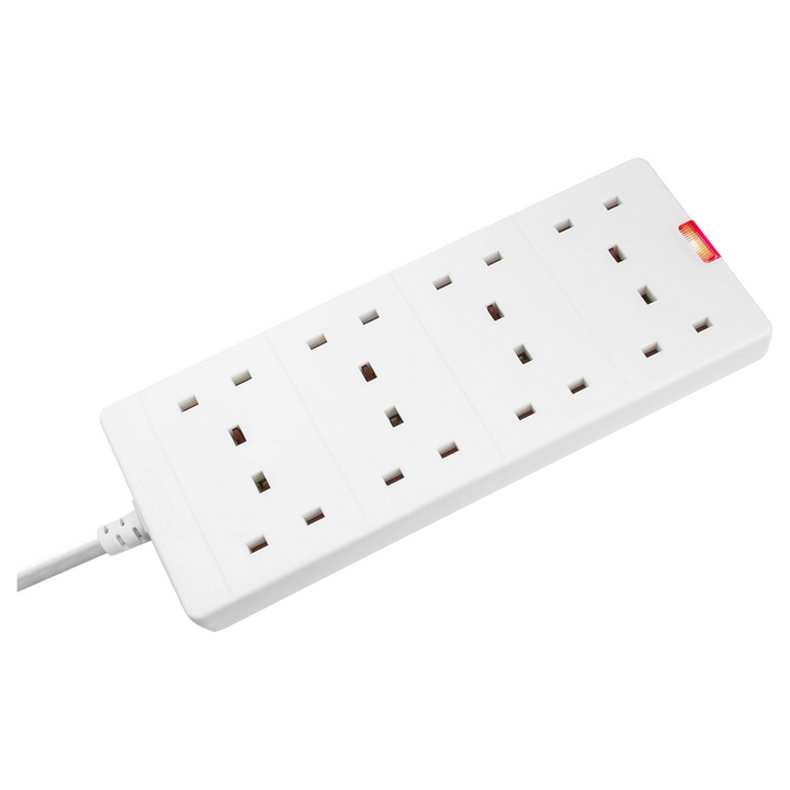 Masterplug 8-Gang Extension Lead - 2m White Surge Bar Trailing Socket Plug Extension Cable with Power Indicator (BEN210-MP)