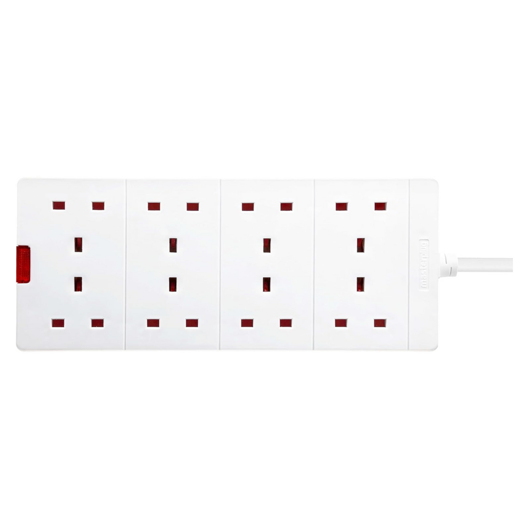 Masterplug 8-Gang Extension Lead - 2m White Surge Bar Trailing Socket Plug Extension Cable with Power Indicator (BEN210-MP)