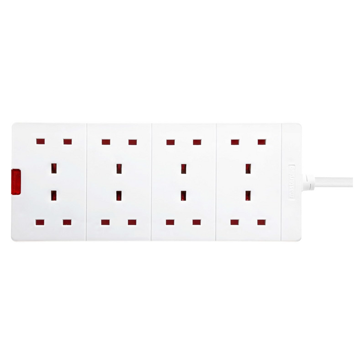 Masterplug 8-Gang Extension Lead - 2m White Surge Bar Trailing Socket Plug Extension Cable with Power Indicator (BEN210-MP)
