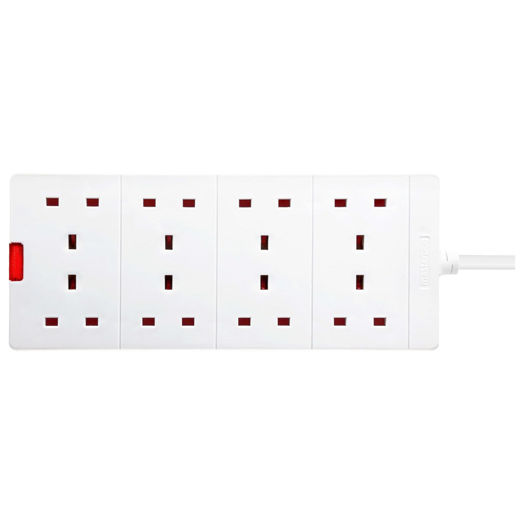 Masterplug 8-Gang Extension Lead - 2m White Surge Bar Trailing Socket Plug Extension Cable with Power Indicator (BEN210-MP)