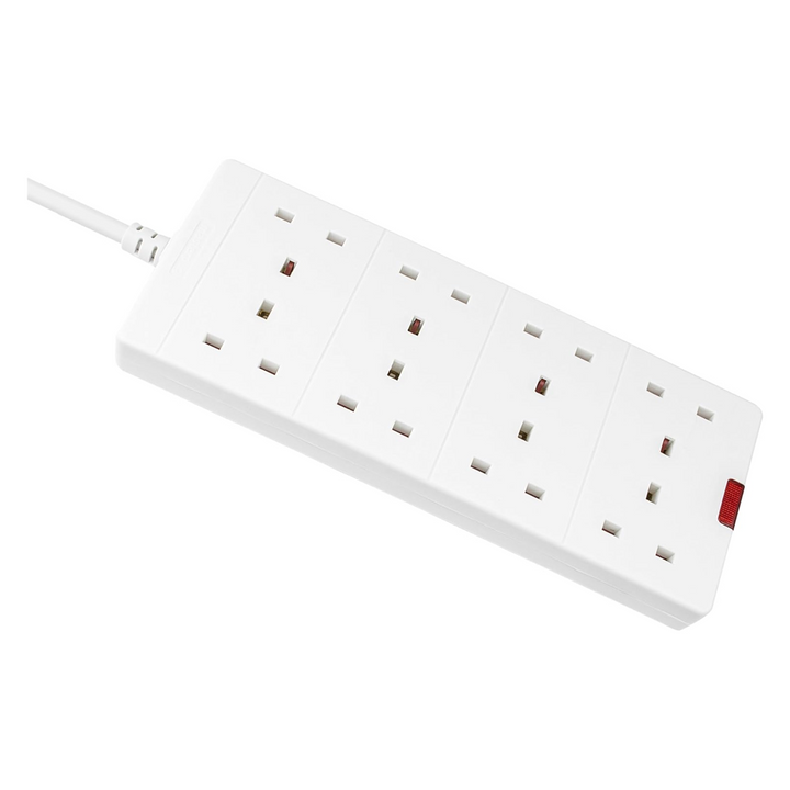 Masterplug 8-Gang Extension Lead - 2m White Surge Bar Trailing Socket Plug Extension Cable with Power Indicator (BEN210-MP)
