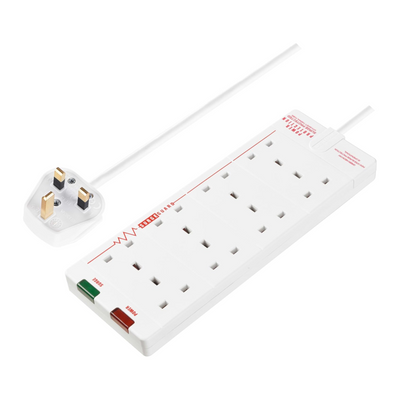 Masterplug 8-Gang Extension Lead 27 x 10 cm - 2m White Surge Protected Trailing Socket Plug Extension Cable with Power Indicator (SRG8210N-MP)