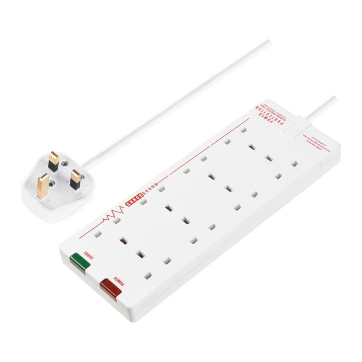 Masterplug 8-Gang Extension Lead 27 x 10 cm - 2m White Surge Protected Trailing Socket Plug Extension Cable with Power Indicator (SRG8210N-MP)