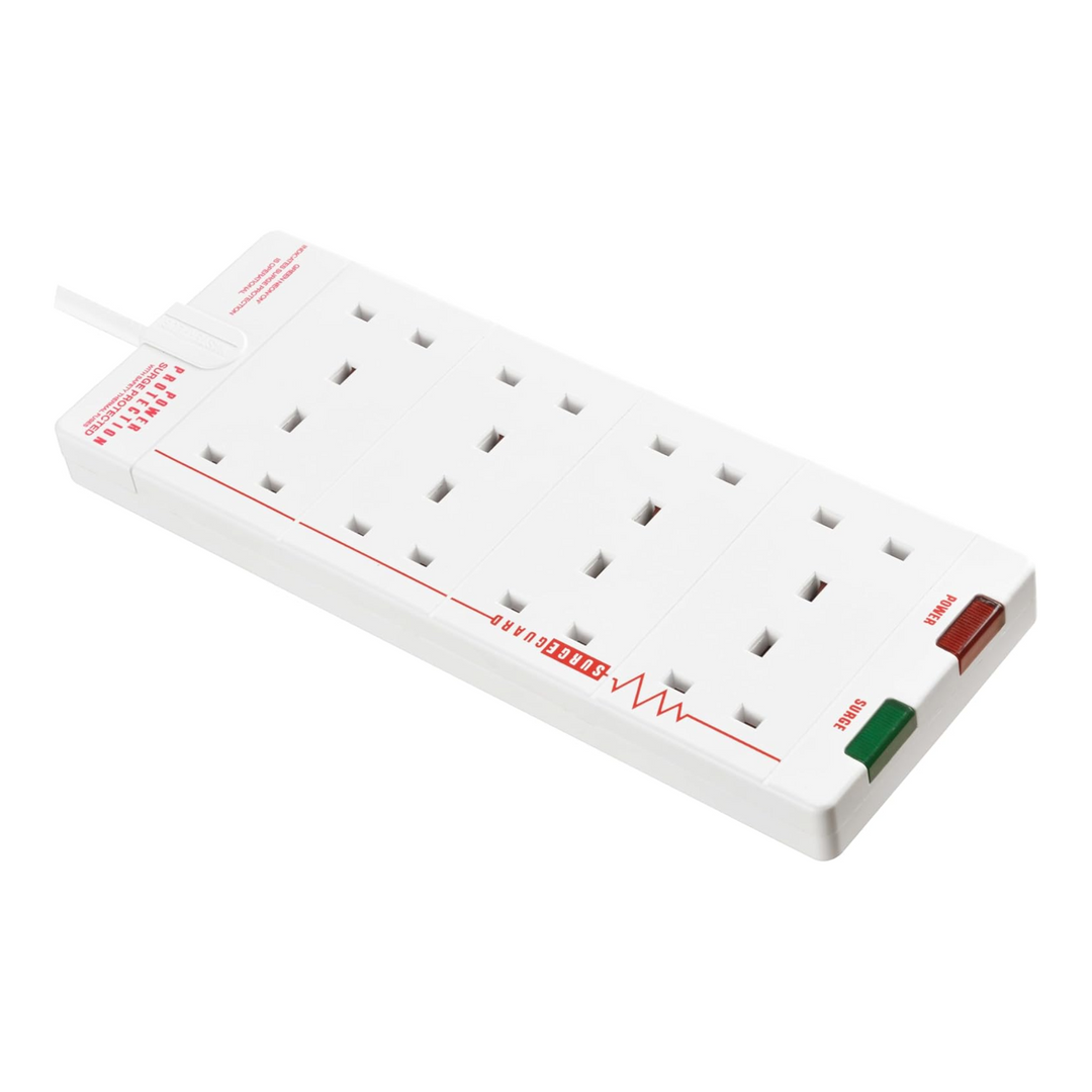 Masterplug 8-Gang Extension Lead 27 x 10 cm - 2m White Surge Protected Trailing Socket Plug Extension Cable with Power Indicator (SRG8210N-MP)