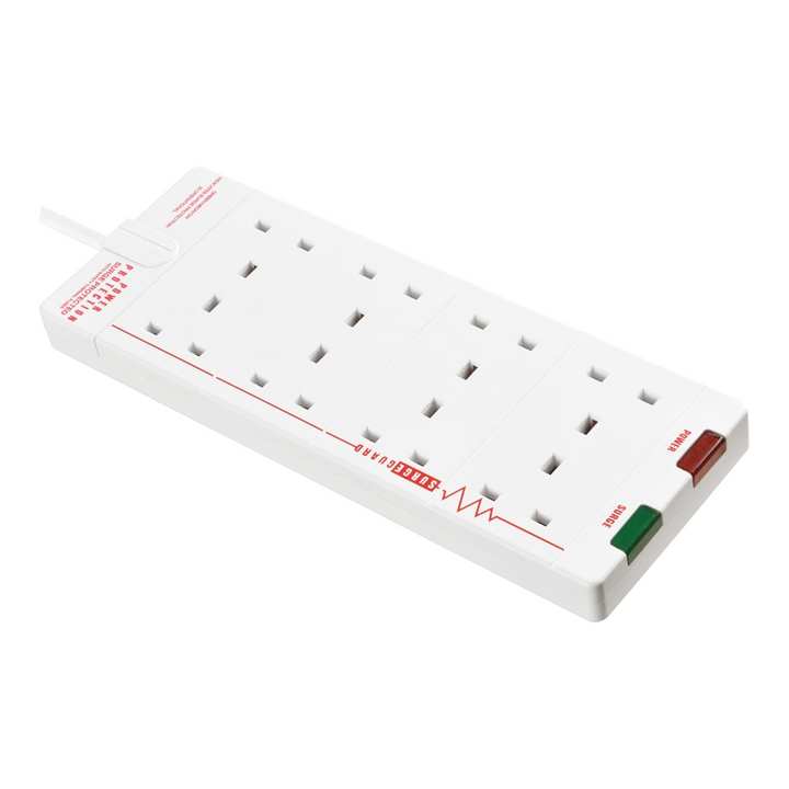 Masterplug 8-Gang Extension Lead 27 x 10 cm - 2m White Surge Protected Trailing Socket Plug Extension Cable with Power Indicator (SRG8210N-MP)