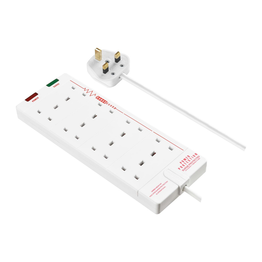 Masterplug 8-Gang Extension Lead 27 x 10 cm - 2m White Surge Protected Trailing Socket Plug Extension Cable with Power Indicator (SRG8210N-MP)