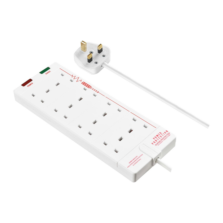 Masterplug 8-Gang Extension Lead 27 x 10 cm - 2m White Surge Protected Trailing Socket Plug Extension Cable with Power Indicator (SRG8210N-MP)