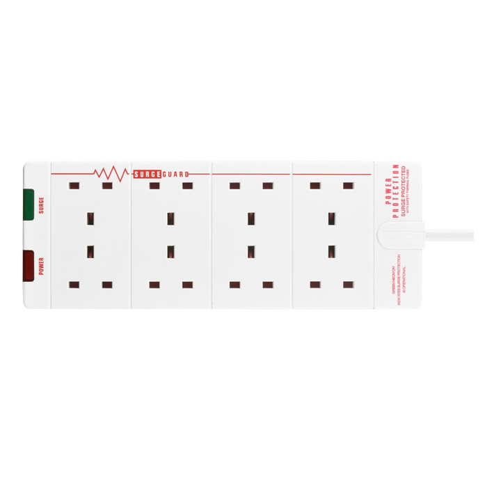 Masterplug 8-Gang Extension Lead 27 x 10 cm - 2m White Surge Protected Trailing Socket Plug Extension Cable with Power Indicator (SRG8210N-MP)