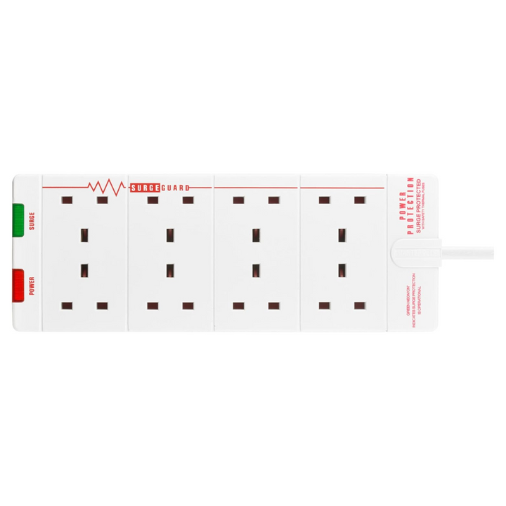 Masterplug 8-Gang Extension Lead 27 x 10 cm - 2m White Surge Protected Trailing Socket Plug Extension Cable with Power Indicator (SRG8210N-MP)