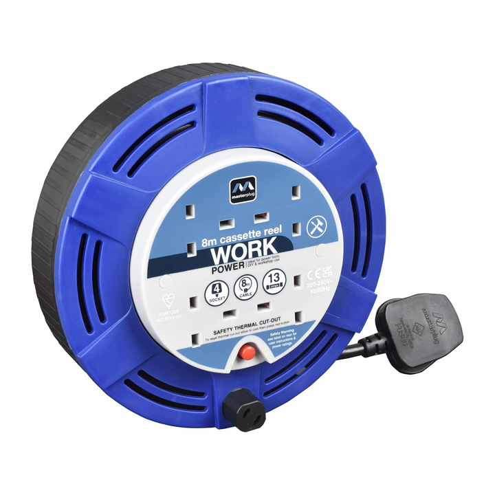 Masterplug  8m Plug Extension - 4gang Blue/Black, 13A Retractable Extension Cable Reel (MCT0813/4BL-MP)