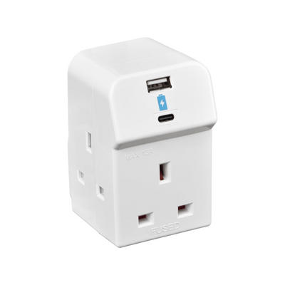 Masterplug 3-Socket Fused Wall Plug Adaptor + USB A & C Ports, White, 13A 10.5W ‒ A3UAC10