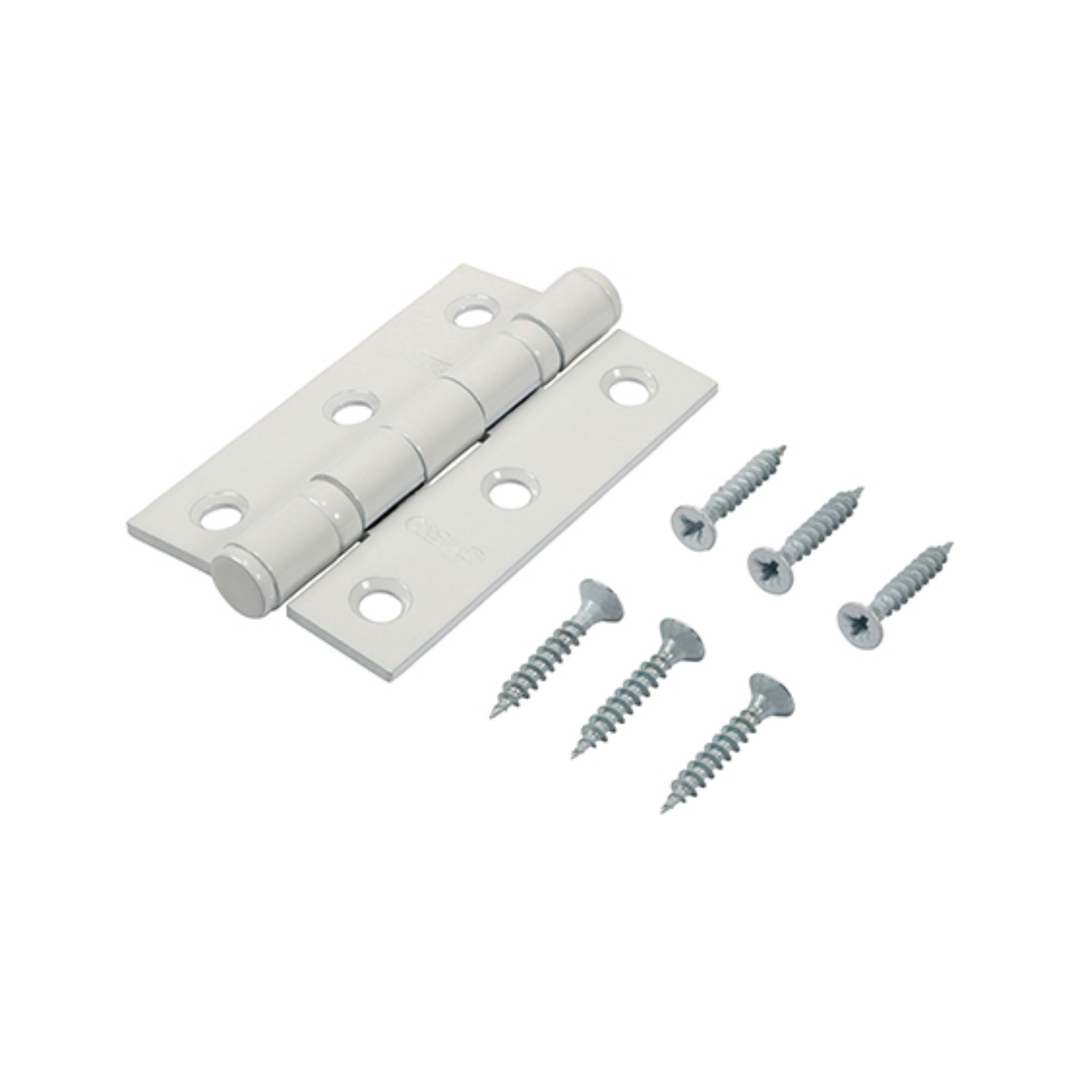 76 x 51mm White Twin Ball Bearing Door Hinges – Smooth Action Steel Hinges for Interior Doors (BOX OF 1 PAIR)