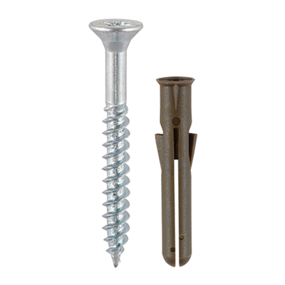 42mm Brown Premium Plastic Wall Plugs with Screws & Drill Bit – for Masonry, Brick & Concrete Fixings (TUB OF 400pcs)