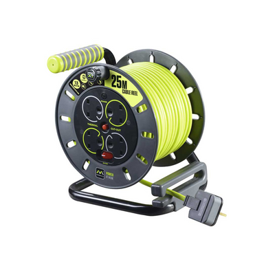 A yellow and black Masterplug Pro XT 4 Socket 13A open cable reel with a 25m length indicator, featuring an ergonomic handle, pull-out drum handle, and integrated cable guide.