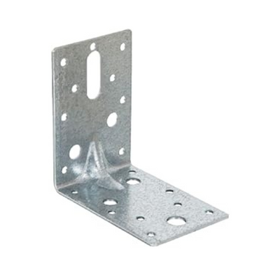 A galvanized metal angle bracket with multiple holes for fixings, designed for structural use.