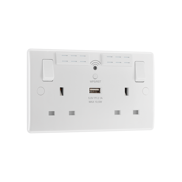 BG Electrical - 822UWR Double Switched Single Pole Electric Socket USB WIFI Extender