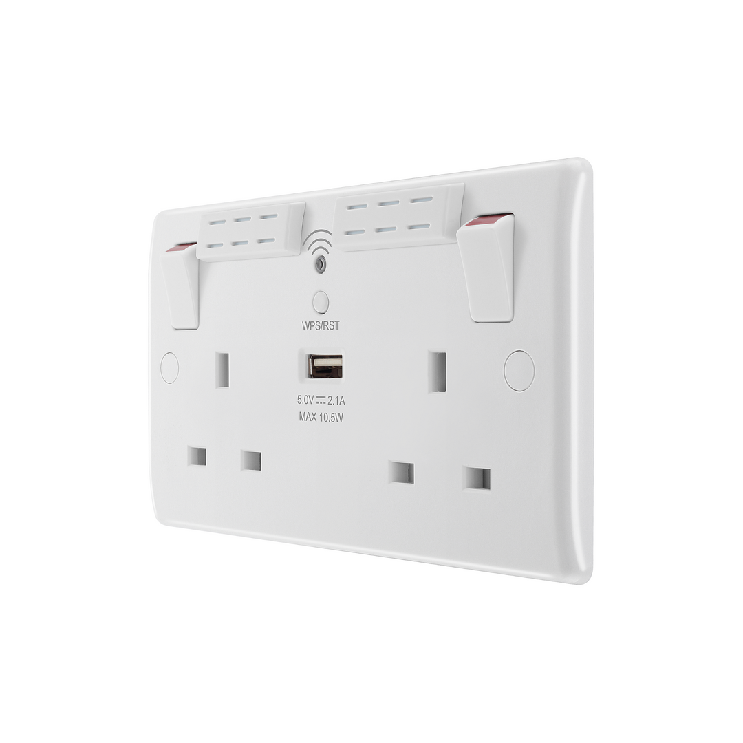 BG Electrical - 822UWR Double Switched Single Pole Electric Socket USB WIFI Extender