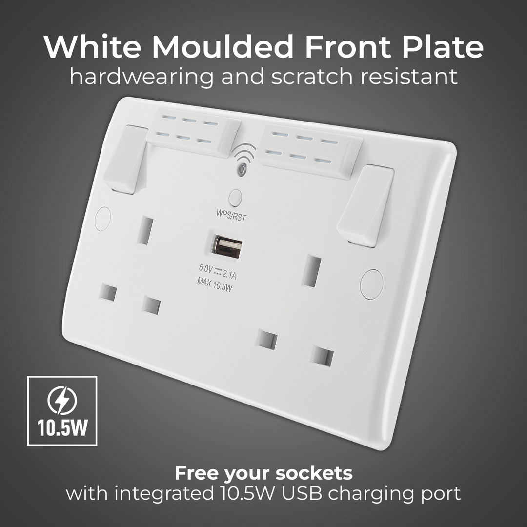 BG Electrical - 822UWR Double Switched Single Pole Electric Socket USB WIFI Extender