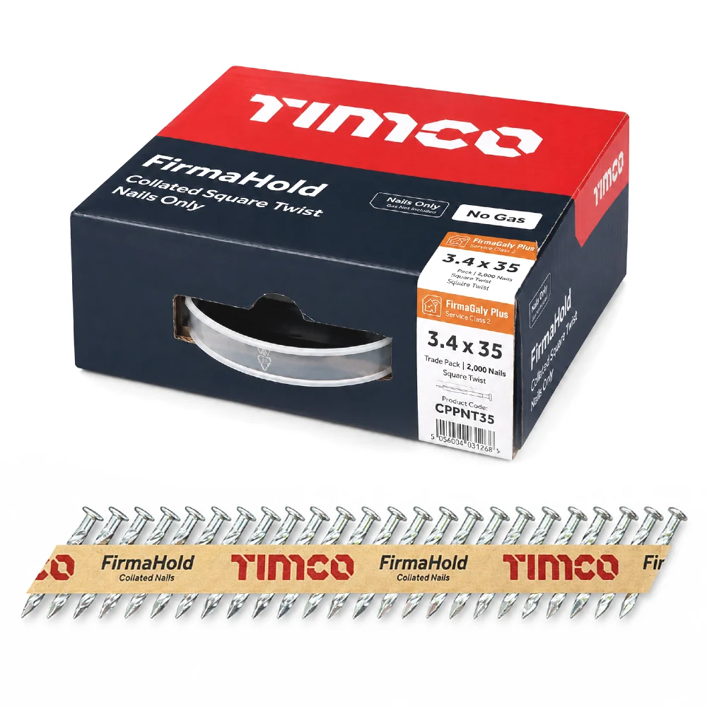 TIMCO FirmaHold 3.4 x 35mm PPN square twist nails with box and collated strip.