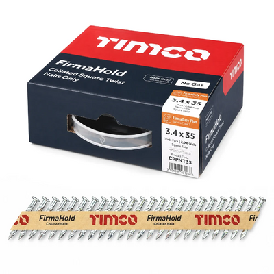 TIMCO FirmaHold 3.4 x 35mm PPN square twist nails with box and collated strip.