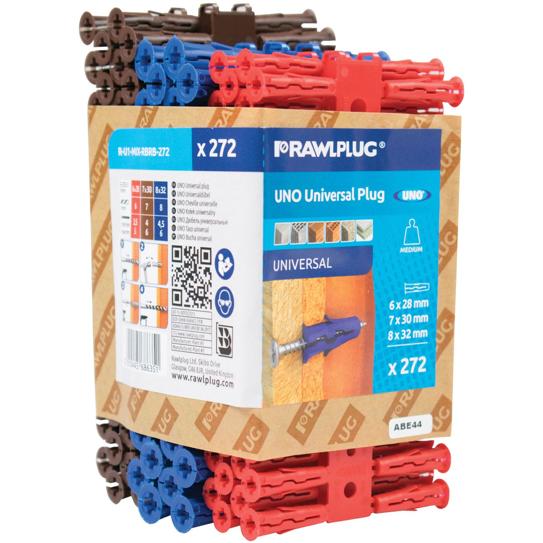 Image of a (Pack of 272) Rawlplug Uno Plug Mixed Pack with 5mm, 6mm, and 7mm wall plugs.
