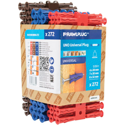Image of a (Pack of 272) Rawlplug Uno Plug Mixed Pack with 5mm, 6mm, and 7mm wall plugs.