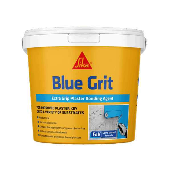 10L Everbuild Blue Grit high grip plaster bonding agent primer in a blue tub.