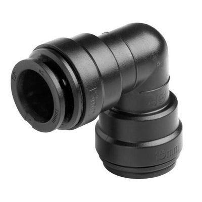 Four 12mm JG Speedfit push-fit union elbows for secure plumbing pipe connections.